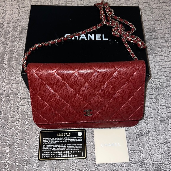 CHANEL Handbags - Authentic Chanel Wallet on a Chain Caviar burgundy bag silver hardware